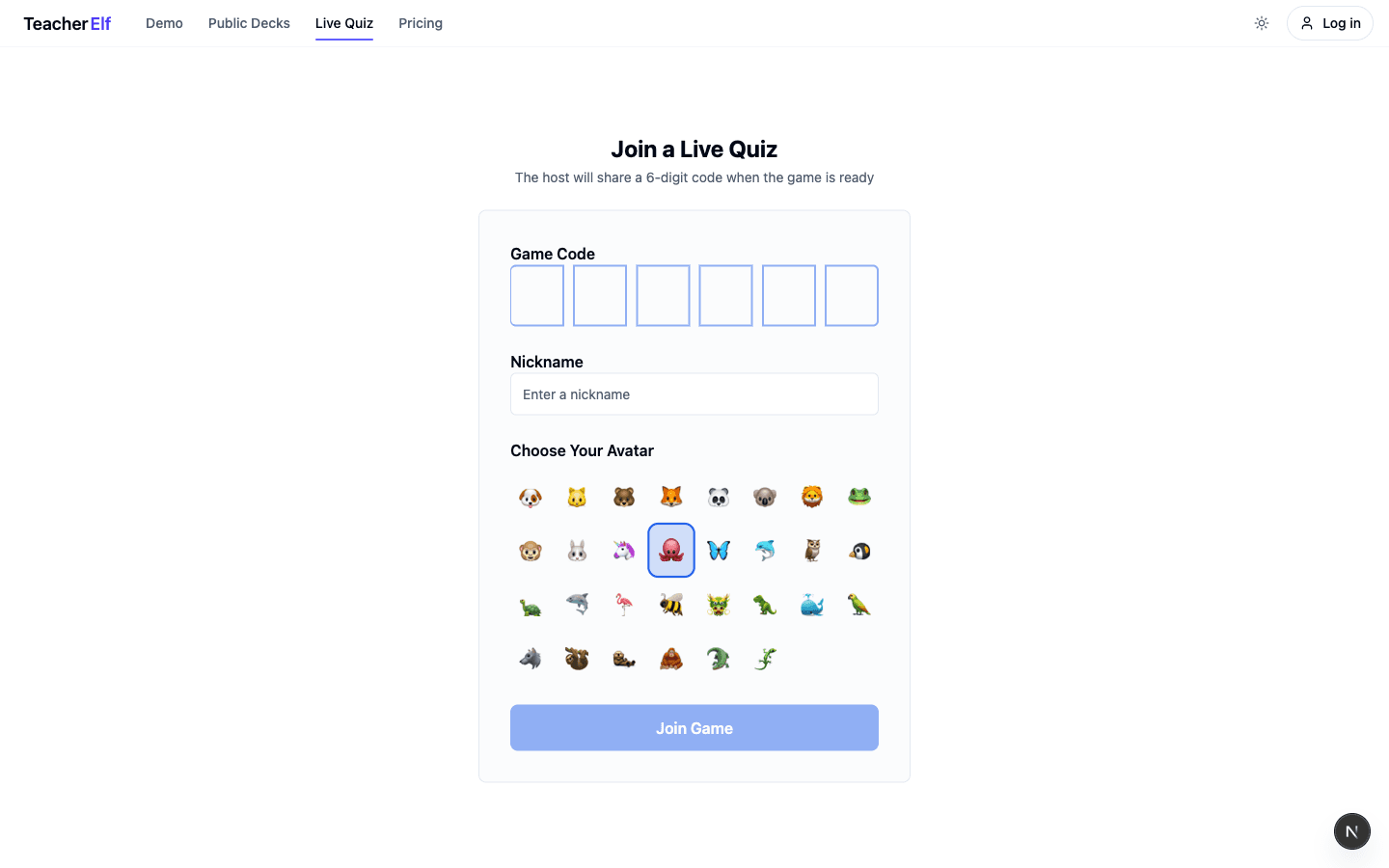 The Live Quiz join screen with a six-digit code field, a nickname input, and an emoji avatar picker.