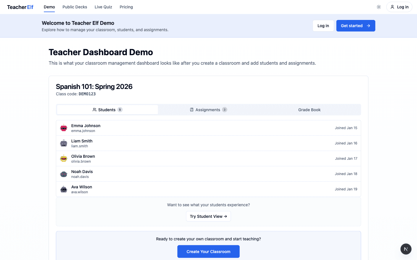 The teacher demo page showing a sample classroom with five students, tabs for Students / Assignments / Grade Book, and a Try Student View button.