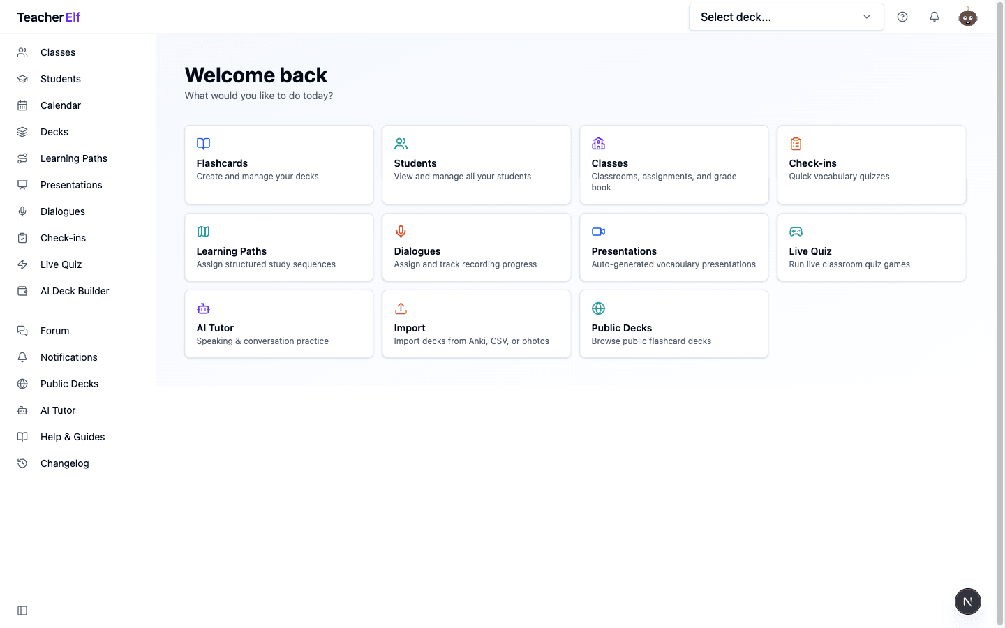 Teacher dashboard with a tiled grid of shortcuts: Flashcards, Students, Classes, Check-ins, Learning Paths, Dialogues, Presentations, Live Quiz, AI Tutor, Import, Public Decks.