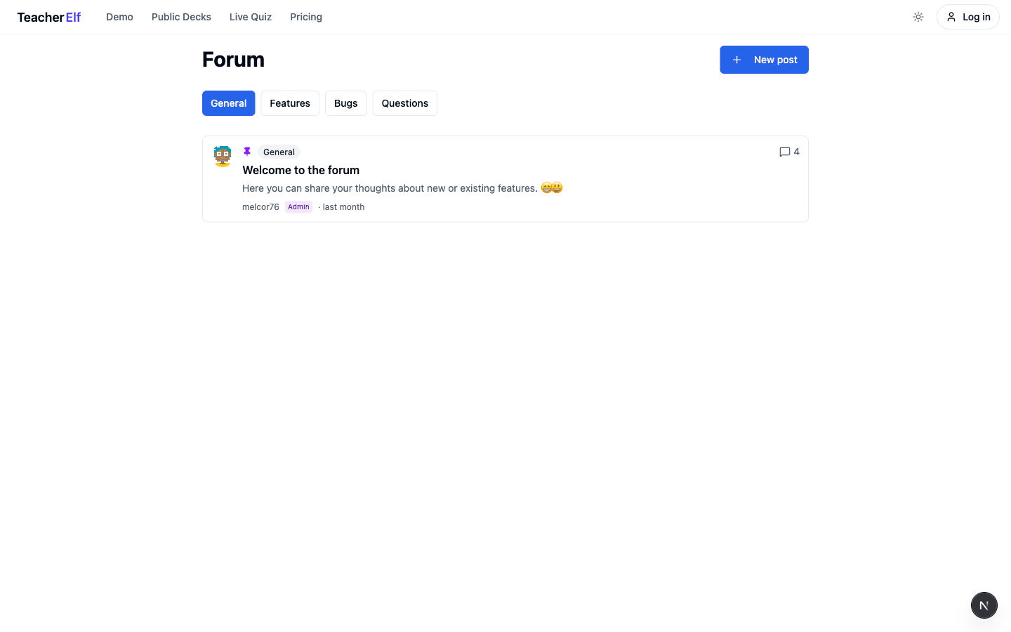 The Forum landing page with category tabs (General / Features / Bugs / Questions) and a pinned welcome post.