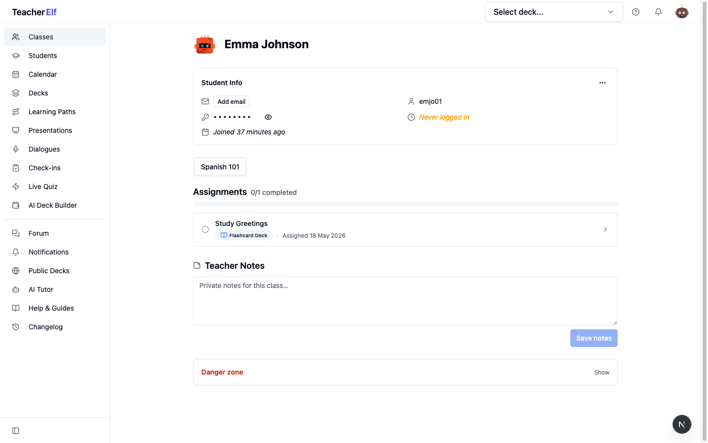 The student detail page for Emma Johnson with the new Student Info card (username, masked password with a reveal toggle, joined date), Assignments section showing a Study Greetings flashcard deck, a Teacher Notes pane, and a Danger zone block.