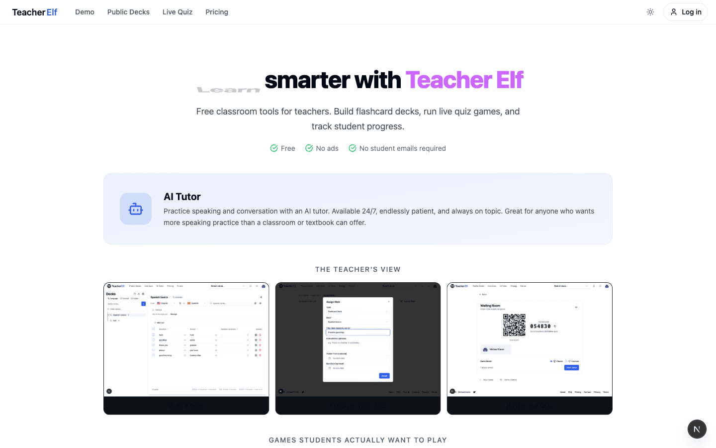 The redesigned Teacher Elf landing page with a Smarter with Teacher Elf headline, an AI Tutor spotlight card, and a Teacher's view strip of three sample screenshots.
