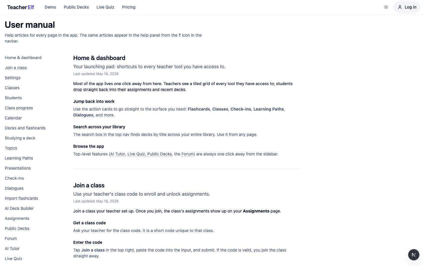 The Docs page: a left rail with topics like Home & dashboard, Join a class, Settings, Classes, Class progress, Calendar, Decks and flashcards, alongside detailed help sections in the main pane.