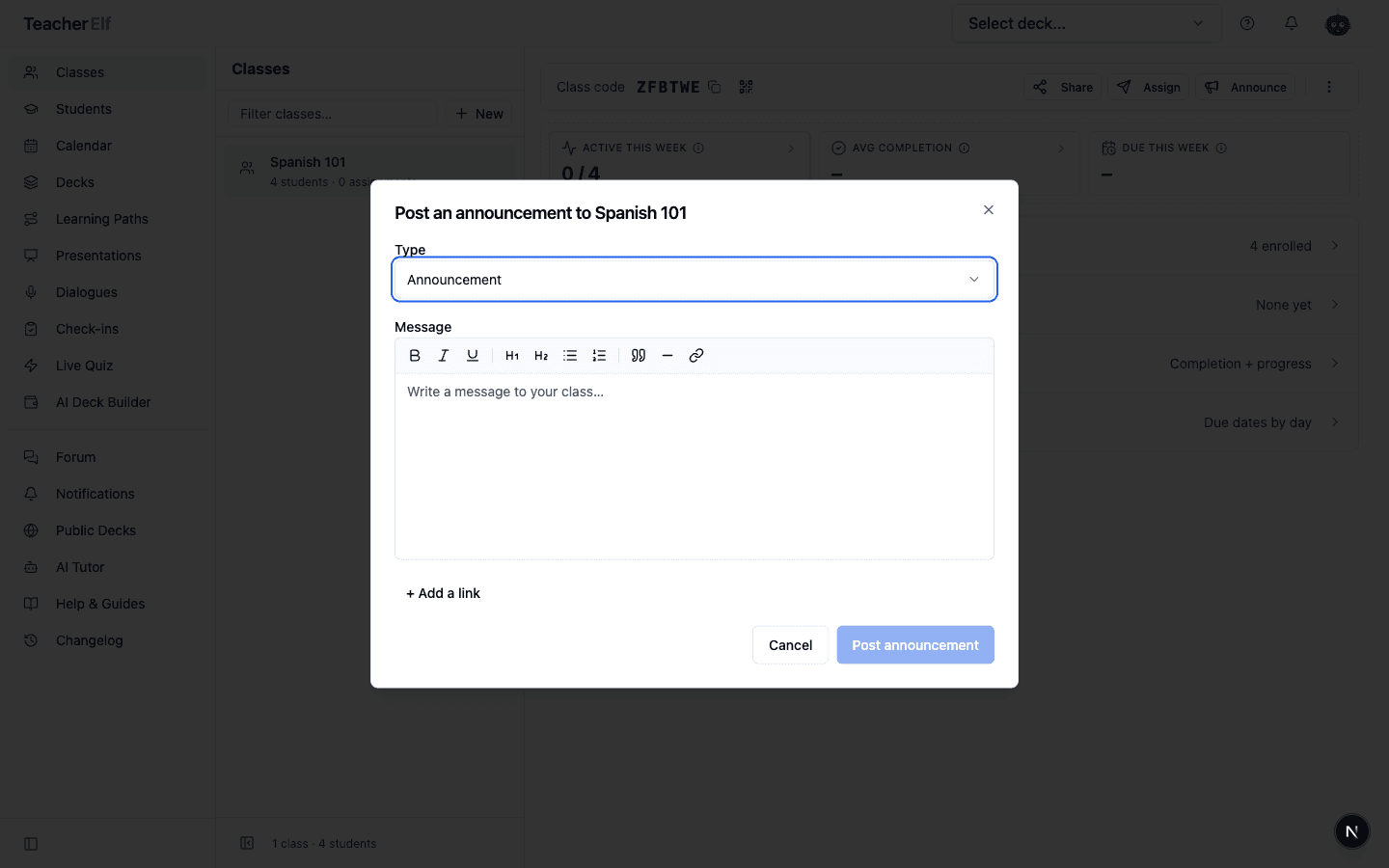The Post an announcement to Spanish 101 dialog with a Type dropdown and a rich-text Message editor (bold/italic/underline, headings, lists, quote, divider, link), plus an Add a link option.