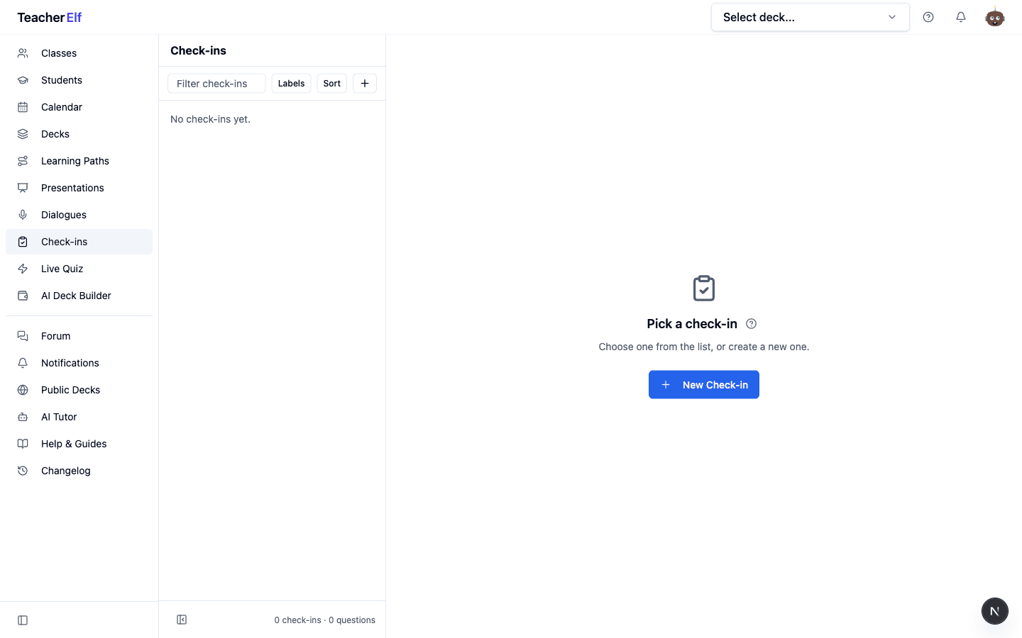 The Check-ins workspace with the two-pane layout, an empty state in the right pane, and a New check-in action available from the rail.