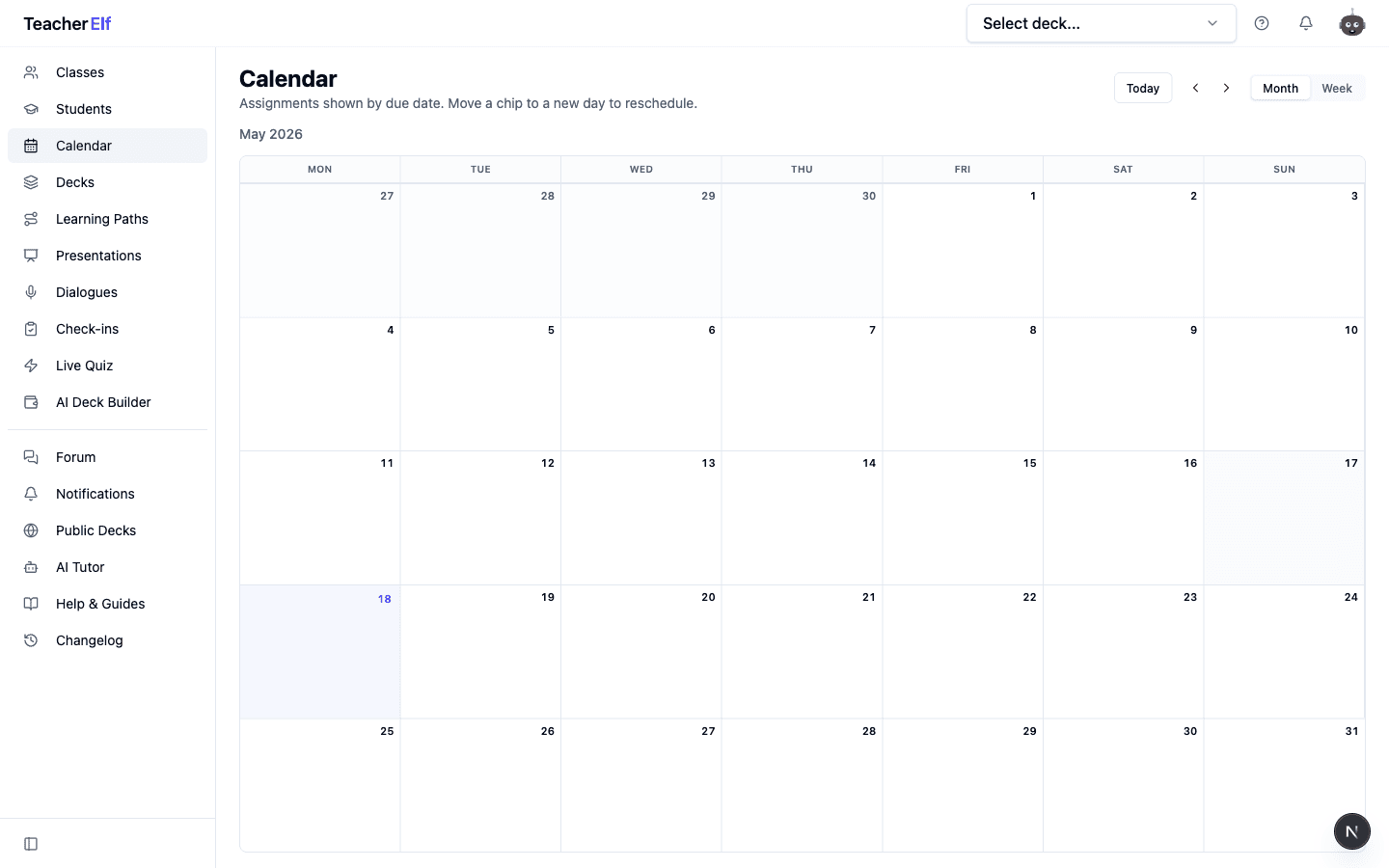 The Teacher Calendar showing the month view for May 2026, with the current day highlighted and Today / arrow nav / Month / Week controls at the top right.