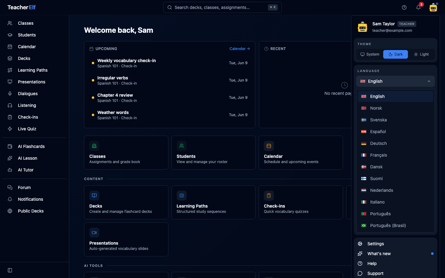 The user menu open with the Language section expanded, listing twelve languages with their flags: English, Norsk, Svenska, Español, Deutsch, Français, Dansk, Suomi, Nederlands, Italiano, Português, and Português (Brasil), with English selected.