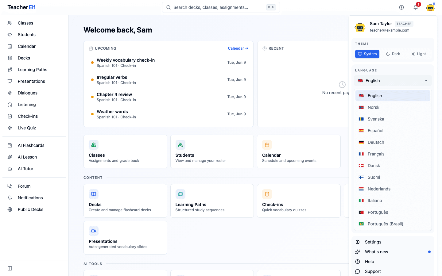 The user menu open with the Language section expanded, listing twelve languages with their flags: English, Norsk, Svenska, Español, Deutsch, Français, Dansk, Suomi, Nederlands, Italiano, Português, and Português (Brasil), with English selected.
