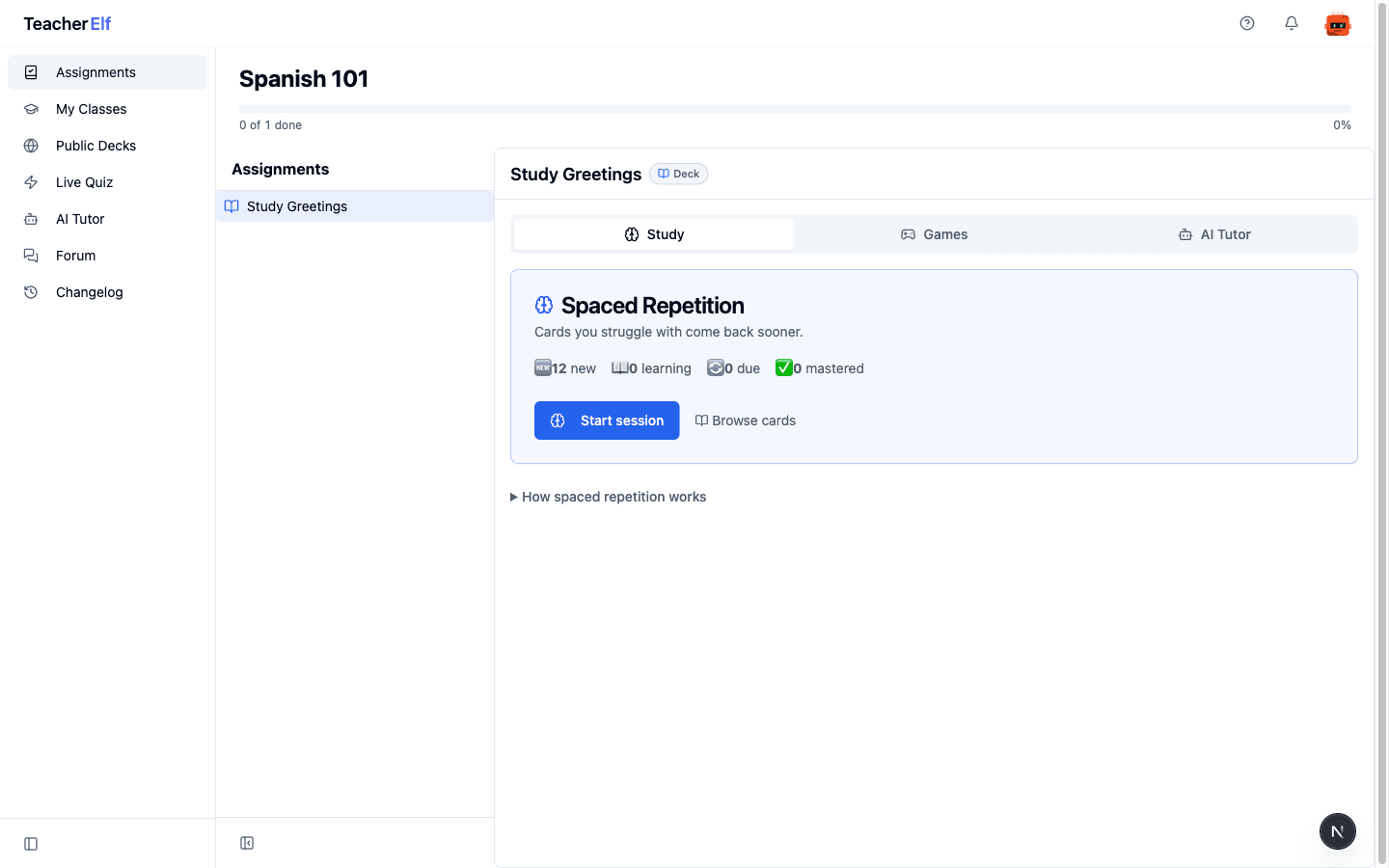 The student view of My Assignments: a Spanish 101 workspace showing a 0-of-1-done progress bar, an Assignments rail with Study Greetings selected, and a Spaced Repetition card with Study / Games / AI Tutor tabs in the main pane.