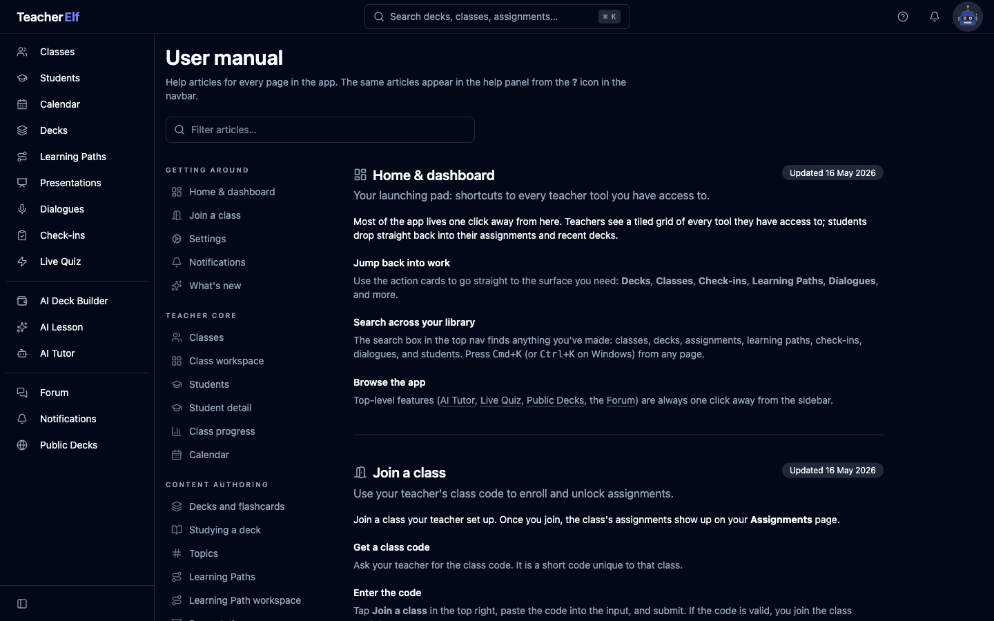 The User Manual page at /docs. A heading and intro at the top with a Filter articles search box underneath. The left column shows a grouped table of contents with section headers (Getting around, Teacher core, Content authoring) and indented article links, each with a small icon: Home & dashboard, Join a class, Settings, Notifications, What's new, Classes, Class workspace, Students, Student detail, Class progress, Calendar, Decks and flashcards, Studying a deck, Topics, Learning Paths, Learning Path workspace. The right column starts with the Home & dashboard article, showing an icon next to the heading and an Updated May 16 2026 pill on the right, followed by Jump back into work, Search across your library, and Browse the app sections.