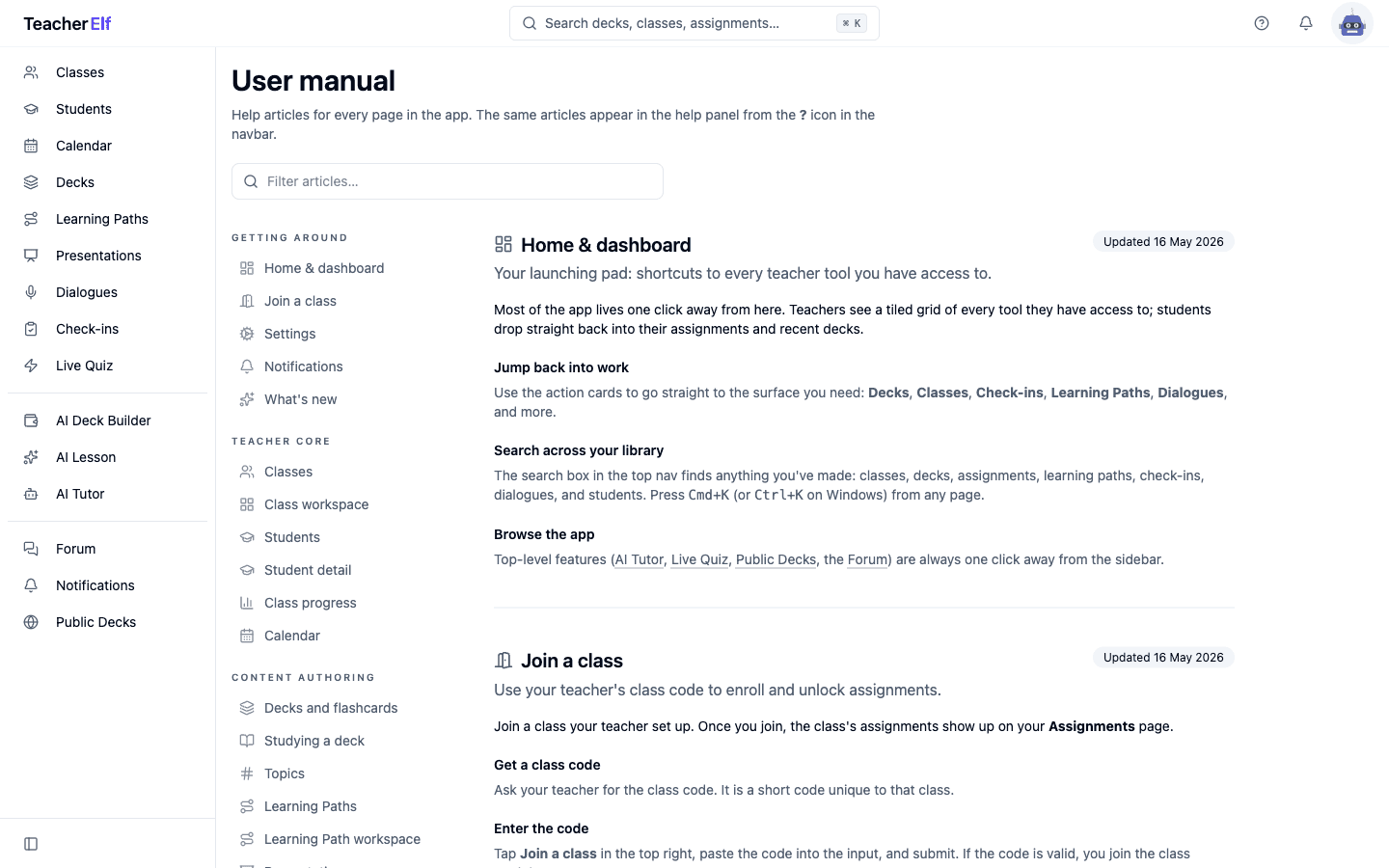 The User Manual page at /docs. A heading and intro at the top with a Filter articles search box underneath. The left column shows a grouped table of contents with section headers (Getting around, Teacher core, Content authoring) and indented article links, each with a small icon: Home & dashboard, Join a class, Settings, Notifications, What's new, Classes, Class workspace, Students, Student detail, Class progress, Calendar, Decks and flashcards, Studying a deck, Topics, Learning Paths, Learning Path workspace. The right column starts with the Home & dashboard article, showing an icon next to the heading and an Updated May 16 2026 pill on the right, followed by Jump back into work, Search across your library, and Browse the app sections.