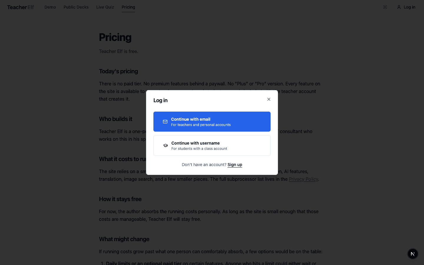The Log in chooser dialog with two options: Continue with email for teachers and personal accounts, and Continue with username for students with a class account.