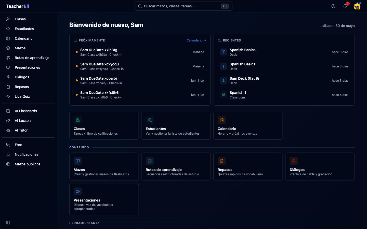 The Teacher Elf dashboard shown in Spanish. The left sidebar navigation is localized (Clases, Estudiantes, Calendario, Mazos, Rutas de aprendizaje, Presentaciones, Diálogos, Repasos, Live Quiz, AI Flashcards, AI Lesson, AI Tutor), with a 'Bienvenido de nuevo, Sam' greeting, Próximamente and Recientes panels, and a shortcut grid under a Contenido heading. Feature names like Live Quiz, AI Flashcards, AI Lesson, and AI Tutor stay in English.