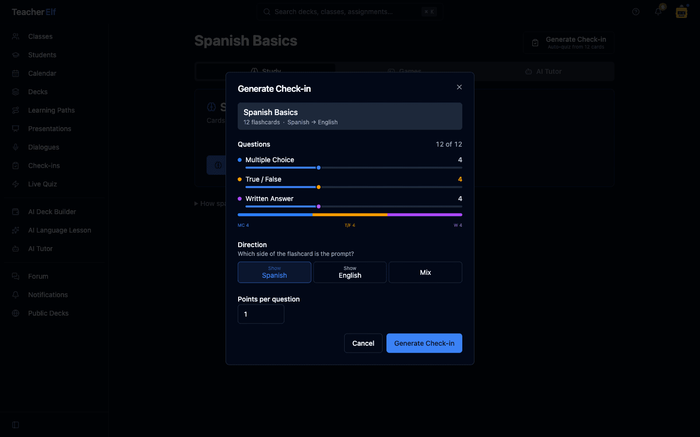 The Generate Check-in dialog open over a Spanish Basics deck page, showing 12 flashcards with sliders for Multiple Choice, True/False, and Written Answer question types, a color-coded distribution bar, direction picker (Show Spanish selected), and a points-per-question input.