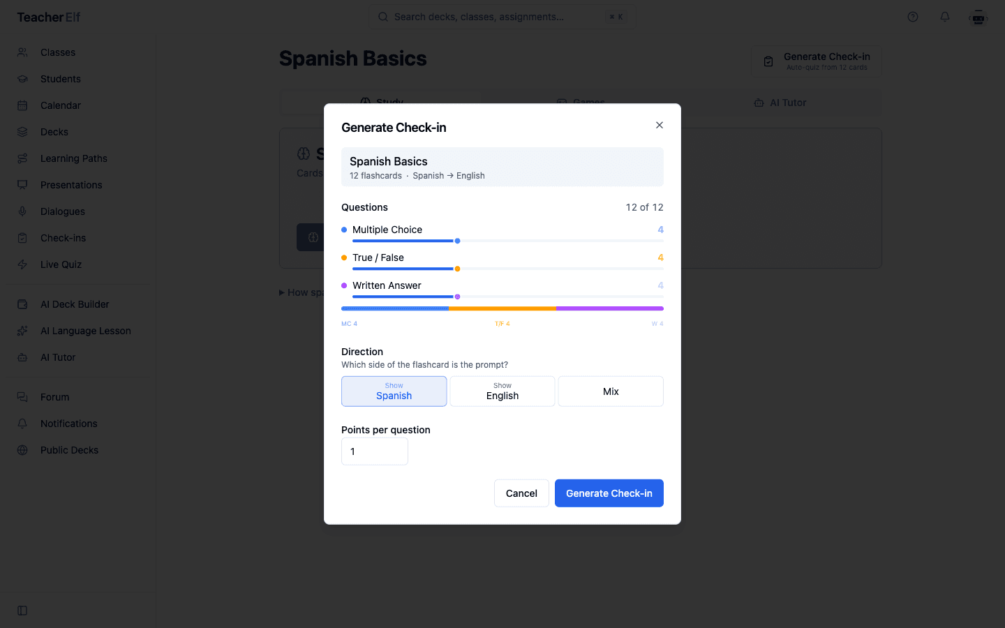 The Generate Check-in dialog open over a Spanish Basics deck page, showing 12 flashcards with sliders for Multiple Choice, True/False, and Written Answer question types, a color-coded distribution bar, direction picker (Show Spanish selected), and a points-per-question input.