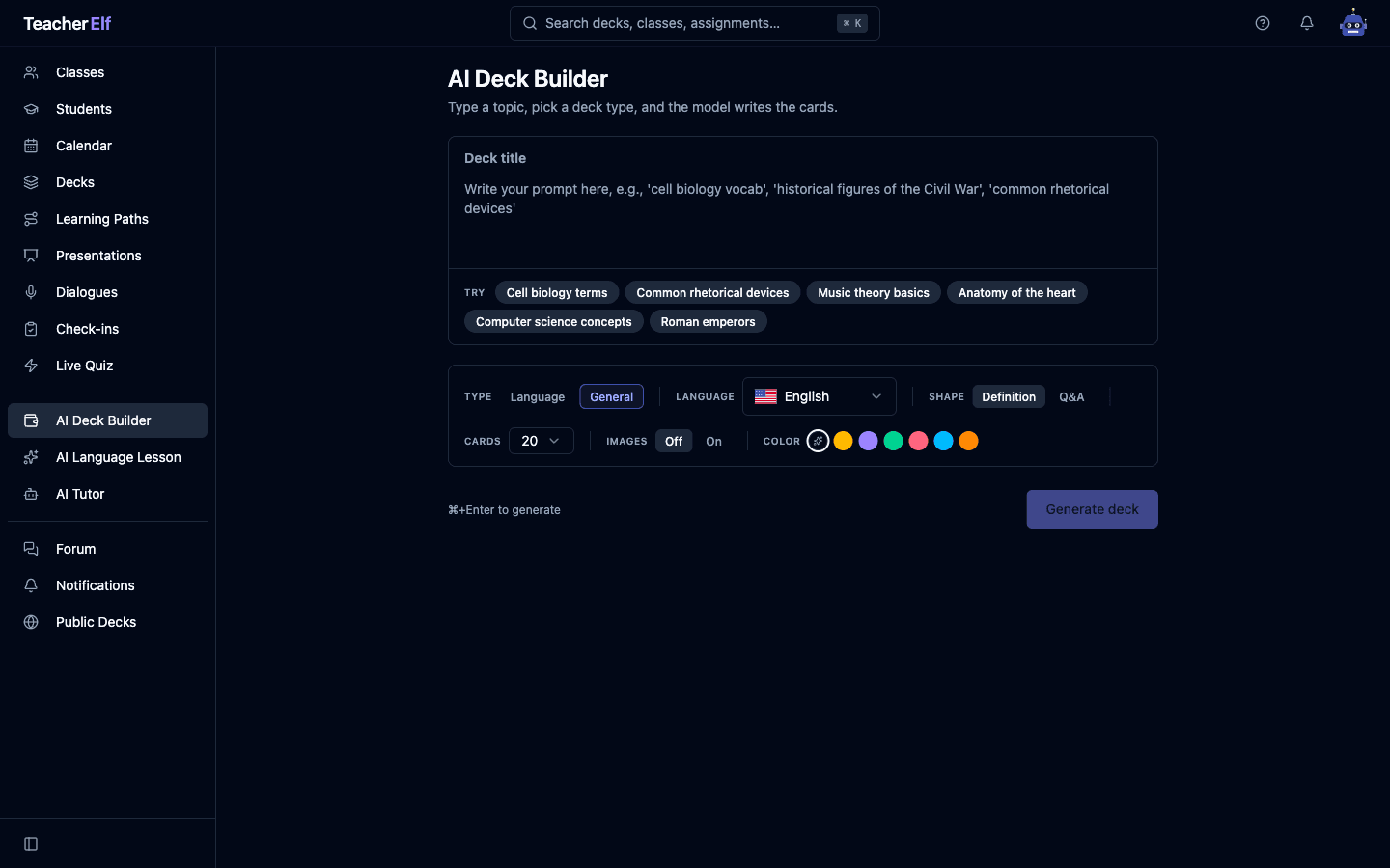The AI Deck Builder page with General mode selected. A Deck title field at the top with a placeholder prompt and a row of TRY chips showing general-knowledge topics (Cell biology terms, Common rhetorical devices, Music theory basics, Anatomy of the heart, Computer science concepts, Roman emperors). Below it, a unified options bar shows Type (General highlighted, Language as the other choice), a single Language picker (English), a Shape picker (Definition highlighted / Q&A), Cards (20), Images (Off / On), and Color (Auto plus six round tint swatches). A Generate deck button sits at the bottom right with a Cmd+Enter keyboard hint to its left.