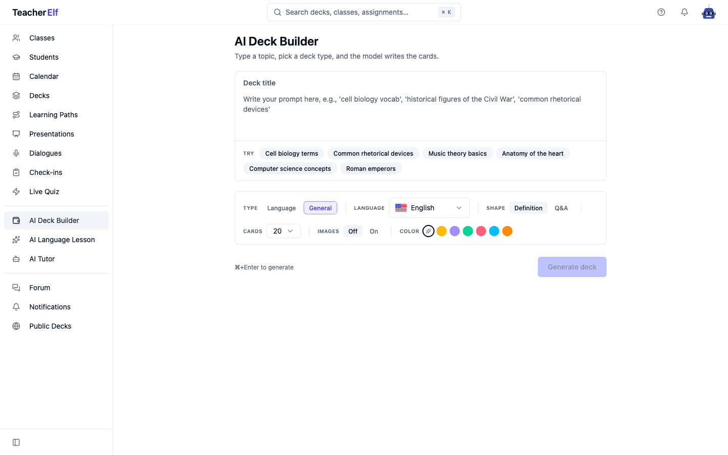 The AI Deck Builder page with General mode selected. A Deck title field at the top with a placeholder prompt and a row of TRY chips showing general-knowledge topics (Cell biology terms, Common rhetorical devices, Music theory basics, Anatomy of the heart, Computer science concepts, Roman emperors). Below it, a unified options bar shows Type (General highlighted, Language as the other choice), a single Language picker (English), a Shape picker (Definition highlighted / Q&A), Cards (20), Images (Off / On), and Color (Auto plus six round tint swatches). A Generate deck button sits at the bottom right with a Cmd+Enter keyboard hint to its left.