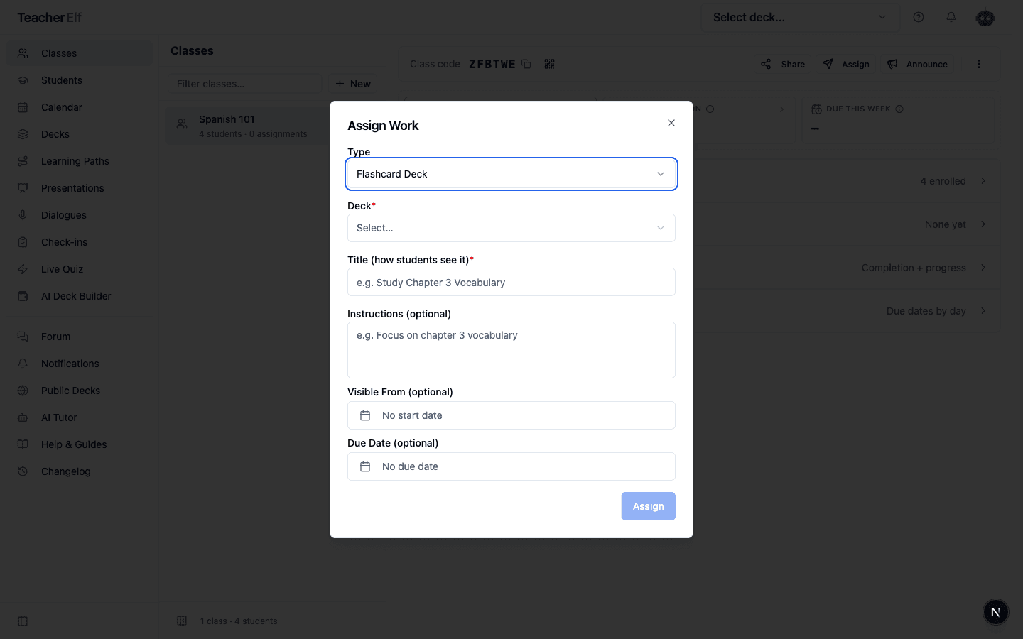 The Assign Work dialog with fields for Type, Deck, Title, optional Instructions, Visible From (no start date by default), and Due Date (no due date by default).