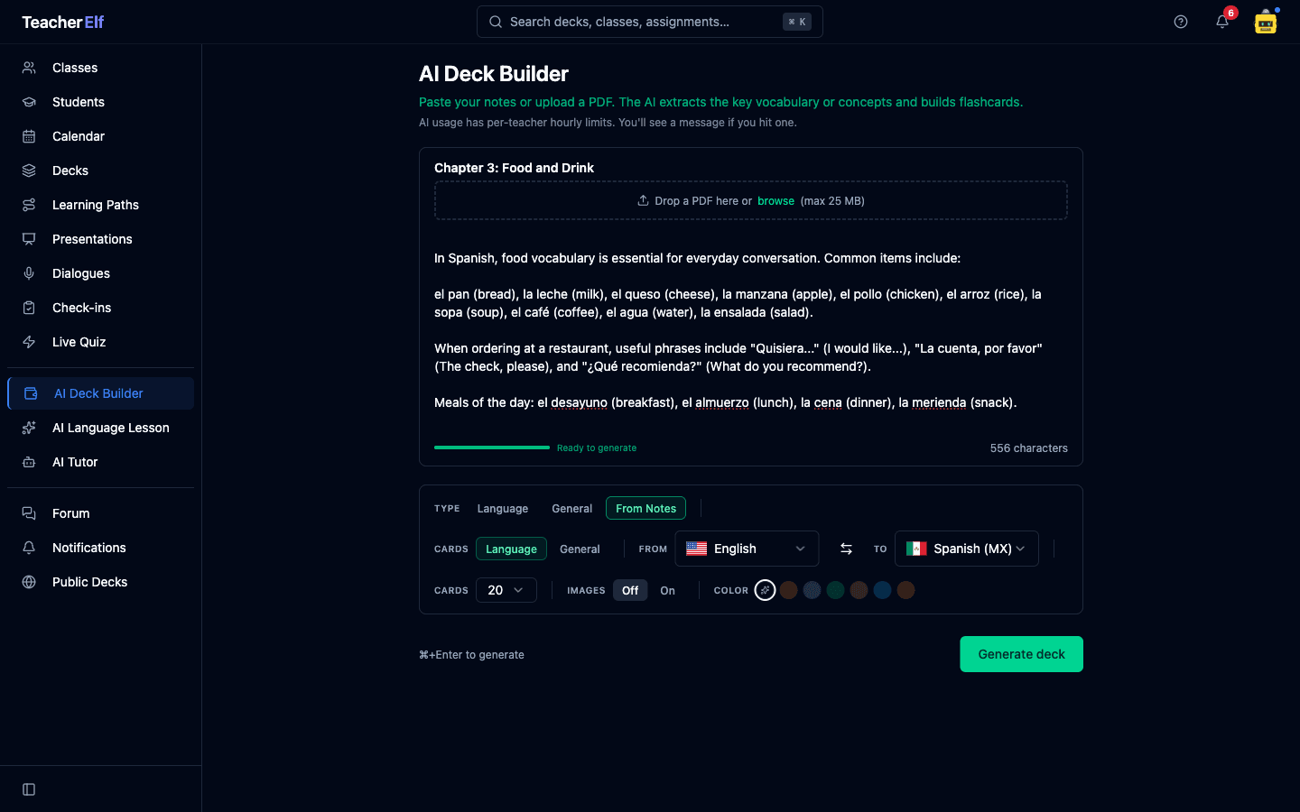 The AI Deck Builder in From Notes mode with a Chapter 3: Food and Drink title, a PDF drop zone, and pasted Spanish vocabulary notes about food, restaurant phrases, and meals of the day. The sidebar shows Language type selected with English to Spanish (MX) and 20 cards.