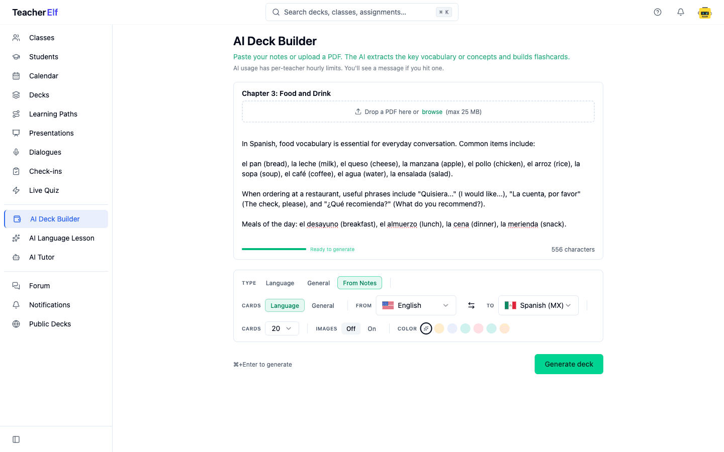 The AI Deck Builder in From Notes mode with a Chapter 3: Food and Drink title, a PDF drop zone, and pasted Spanish vocabulary notes about food, restaurant phrases, and meals of the day. The sidebar shows Language type selected with English to Spanish (MX) and 20 cards.