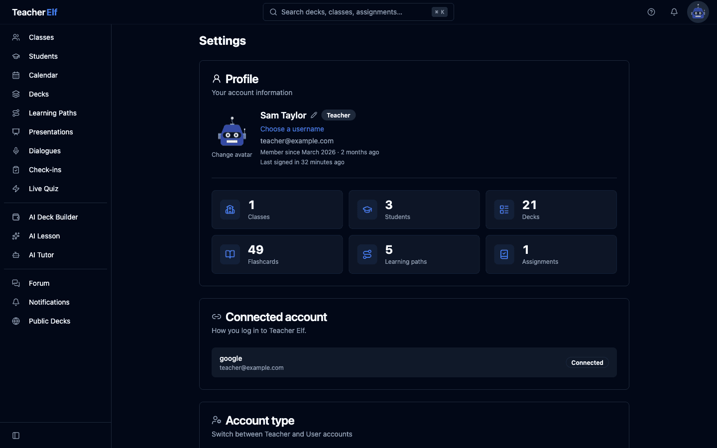 The Settings page Profile card. Header shows the avatar, Sam Taylor with a pencil-edit icon, a Teacher badge, a Choose a username link, teacher@example.com, Member since March 2026 · 2 months ago, and a Last signed in line. Below sits a six-tile stats grid showing Classes, Students, Decks, Flashcards, Learning paths, and Assignments with their counts, each tile with a tinted icon badge. A Connected account card follows below with a Google sign-in row.
