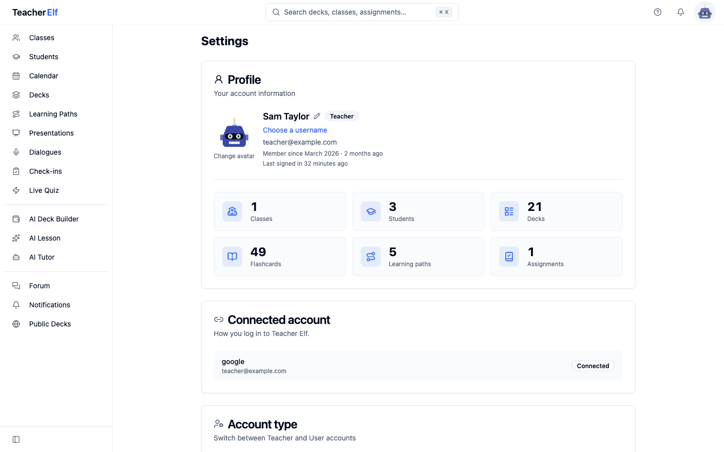 The Settings page Profile card. Header shows the avatar, Sam Taylor with a pencil-edit icon, a Teacher badge, a Choose a username link, teacher@example.com, Member since March 2026 · 2 months ago, and a Last signed in line. Below sits a six-tile stats grid showing Classes, Students, Decks, Flashcards, Learning paths, and Assignments with their counts, each tile with a tinted icon badge. A Connected account card follows below with a Google sign-in row.